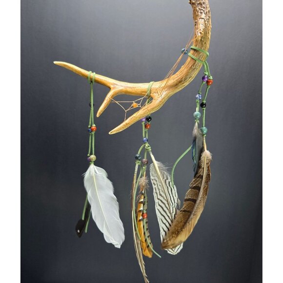 Handcrafted Natural Dreamcatcher Gemstone, Feather, and Deer Antler Unique Decor - Picture 1 of 8